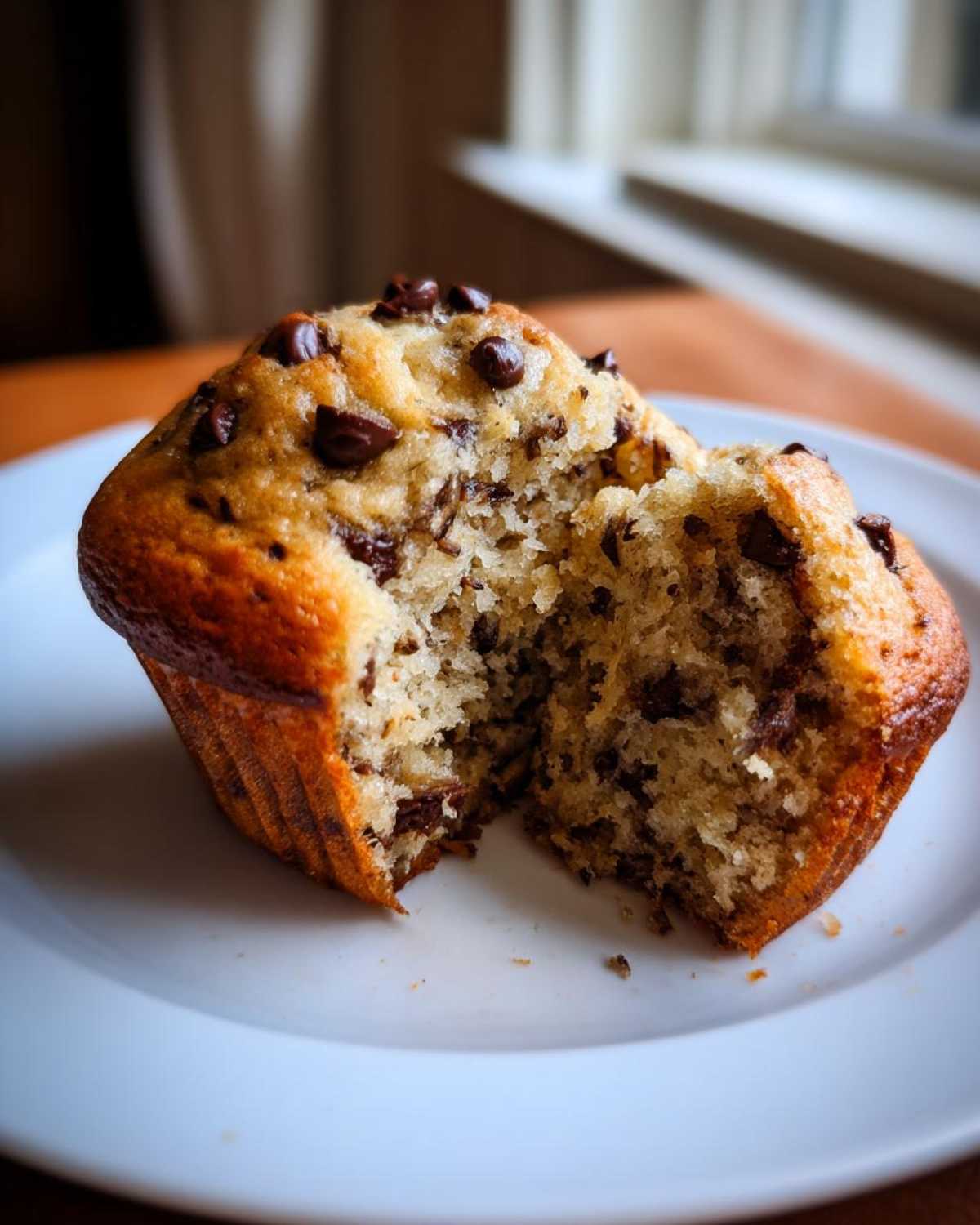 A close-up of a perfect chocolate chip zucchini muffin, broken in half to show the moist interior and chocolate chips.