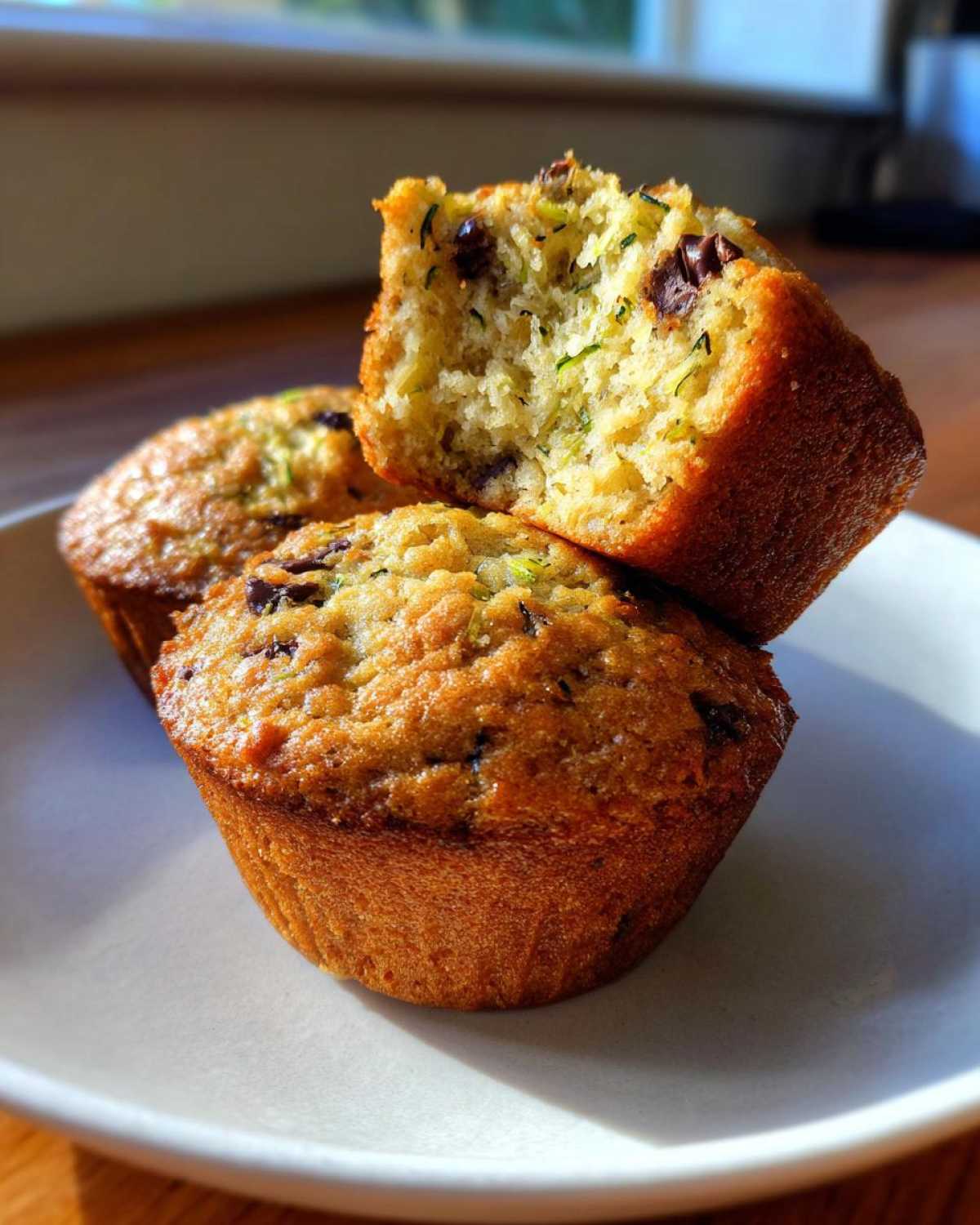 Close-up of three golden-brown chocolate chip zucchini muffins on a white plate, one muffin is broken in half to show the moist interior.