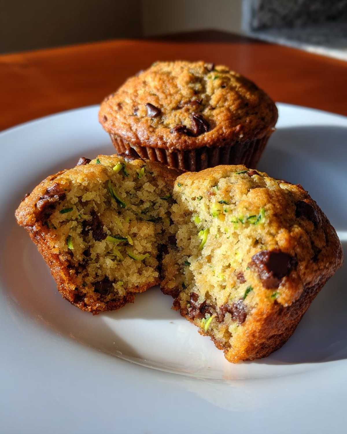 Close-up of a chocolate chip zucchini muffin, one muffin is split open revealing the moist interior with shredded zucchini and chocolate chips.
