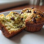 A close-up of a chocolate chip zucchini muffin, split in half to reveal the moist interior with shredded zucchini and chocolate chips.