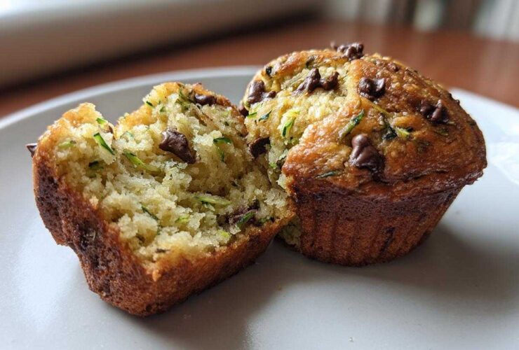 A close-up of a chocolate chip zucchini muffin, split in half to reveal the moist interior with shredded zucchini and chocolate chips.