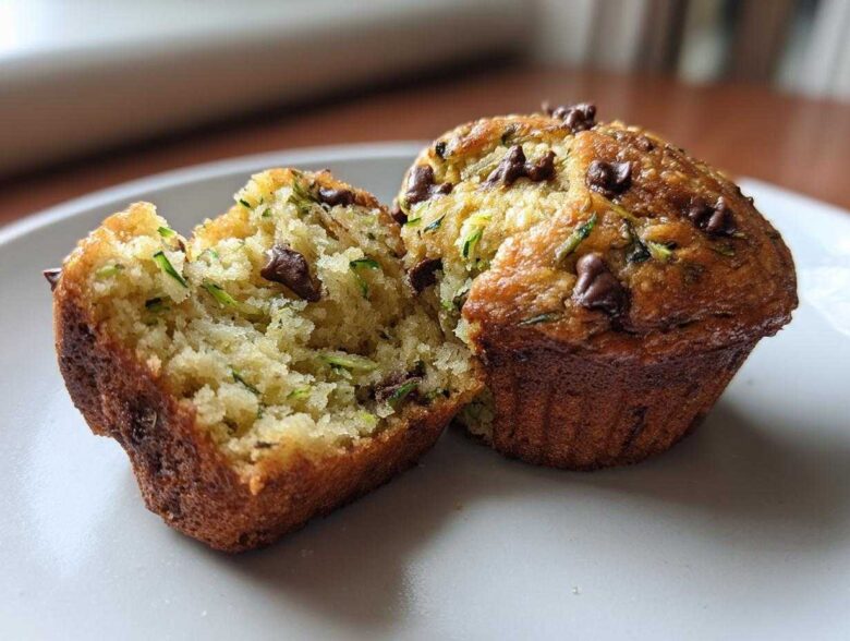 A close-up of a chocolate chip zucchini muffin, split in half to reveal the moist interior with shredded zucchini and chocolate chips.