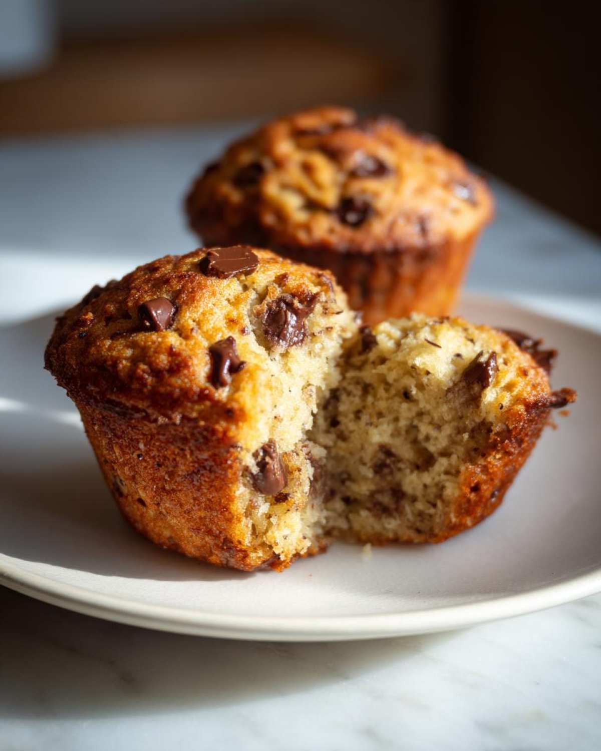 A close-up of a chocolate chip zucchini muffin, with one muffin broken in half to show the moist interior and chocolate chips.