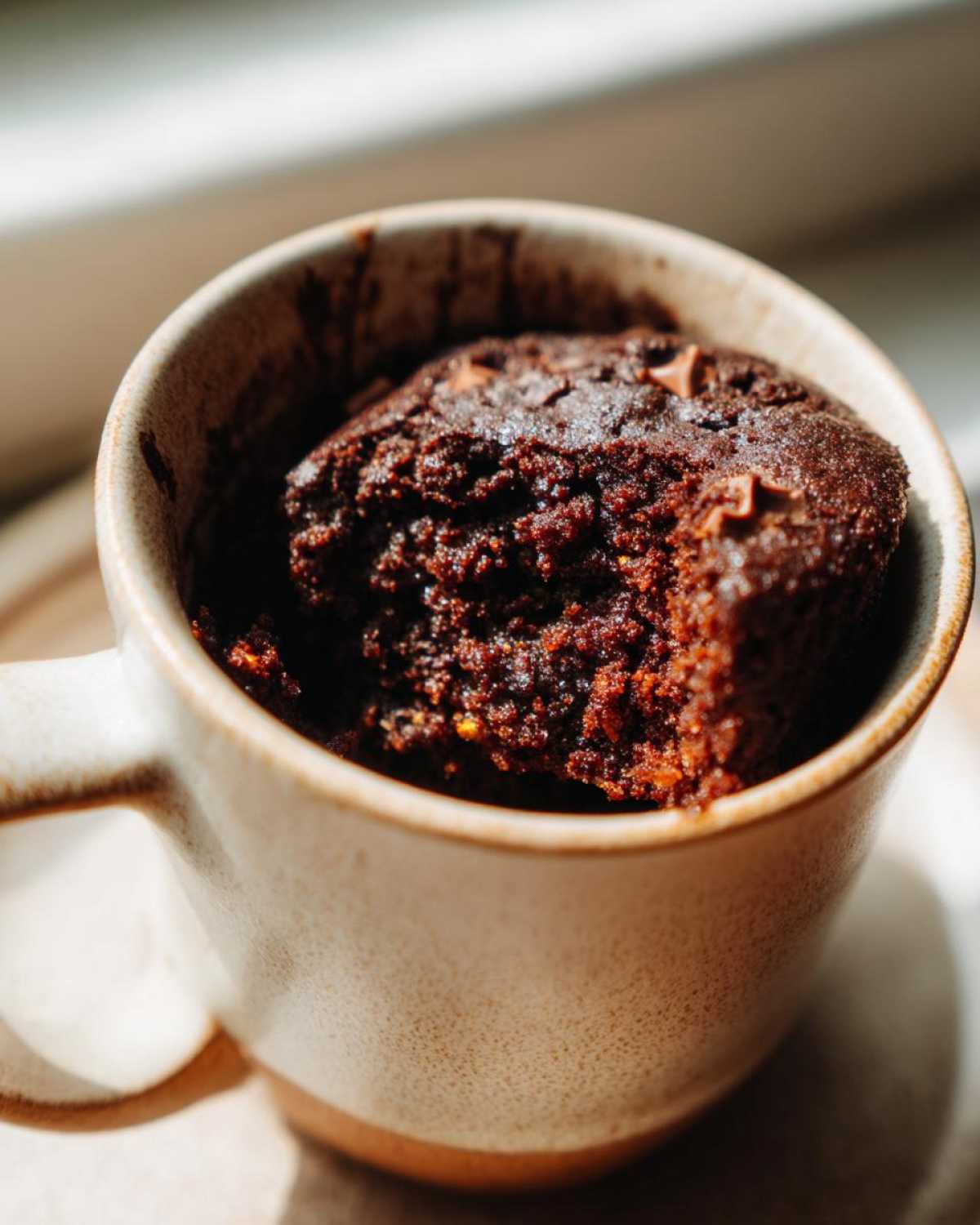 A close-up of a rich Chocolate Orange Mug Cake, with a bite taken out, showing its moist texture.