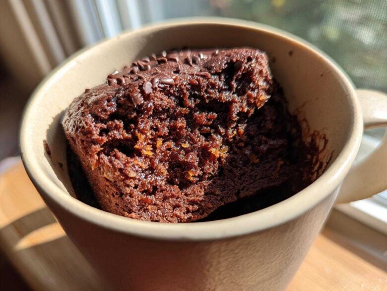 Close-up of a rich Chocolate Orange Mug Cake in a tan mug, topped with chocolate sprinkles.