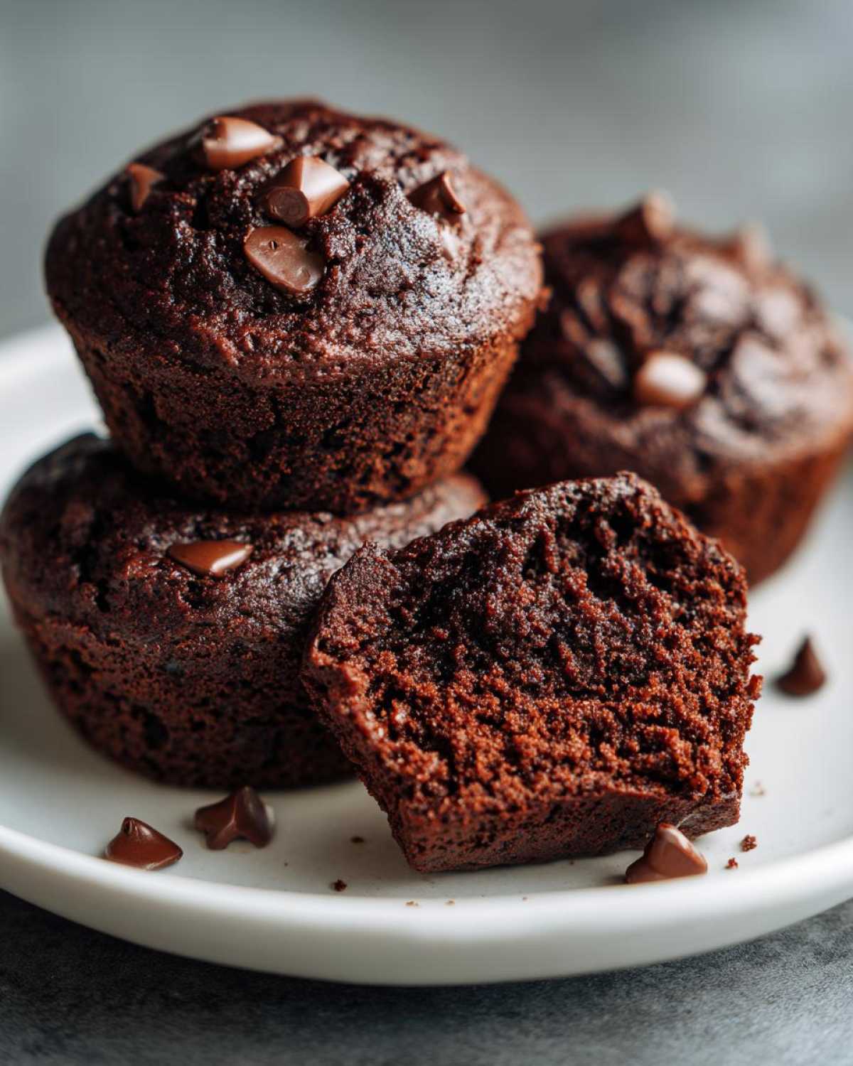 A close-up of three moist chocolate protein muffins, one cut in half to reveal a fluffy interior, topped with chocolate chips.