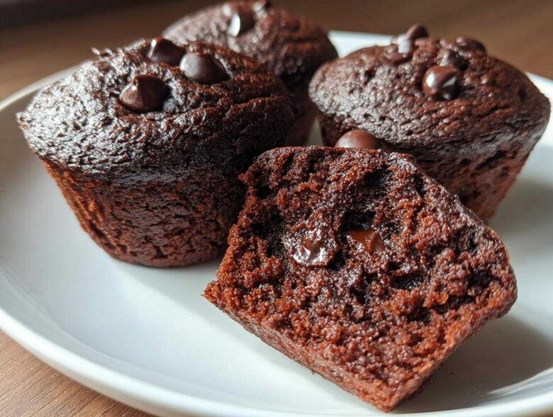 Close-up of moist chocolate protein muffins topped with chocolate chips, one muffin is broken in half revealing melted chocolate.