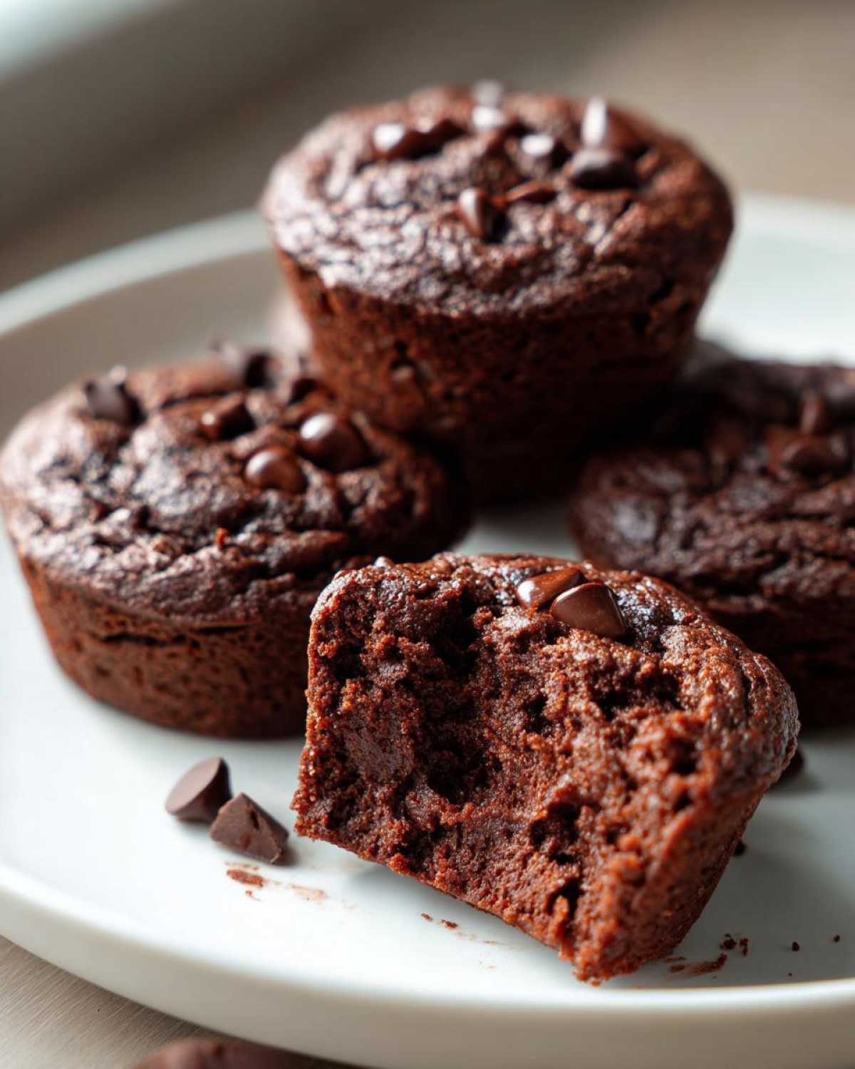Close-up of a cut chocolate protein muffin showing a moist interior and chocolate chips.