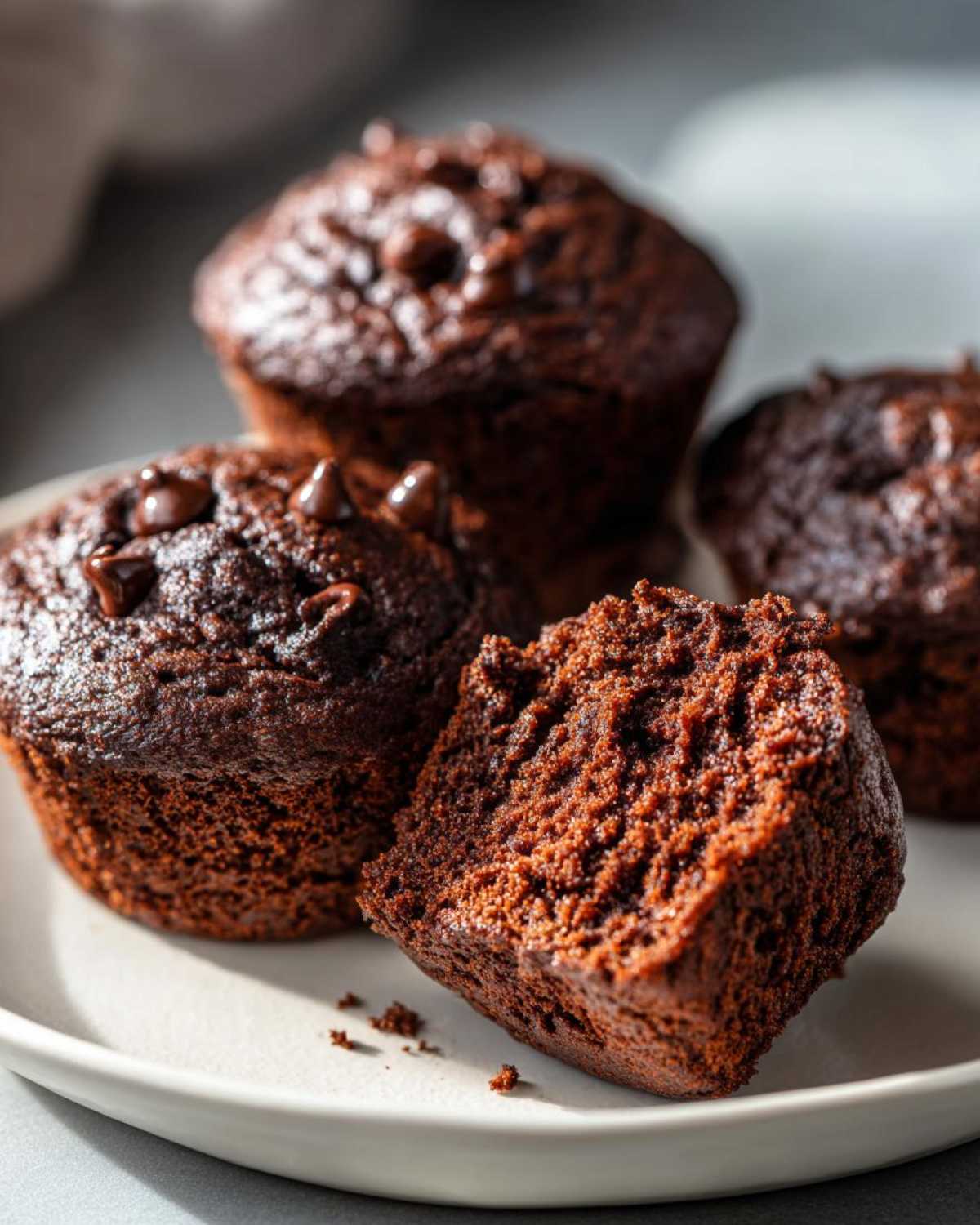 A close-up of moist chocolate protein muffins, one broken in half to reveal the fluffy interior, topped with chocolate chips.