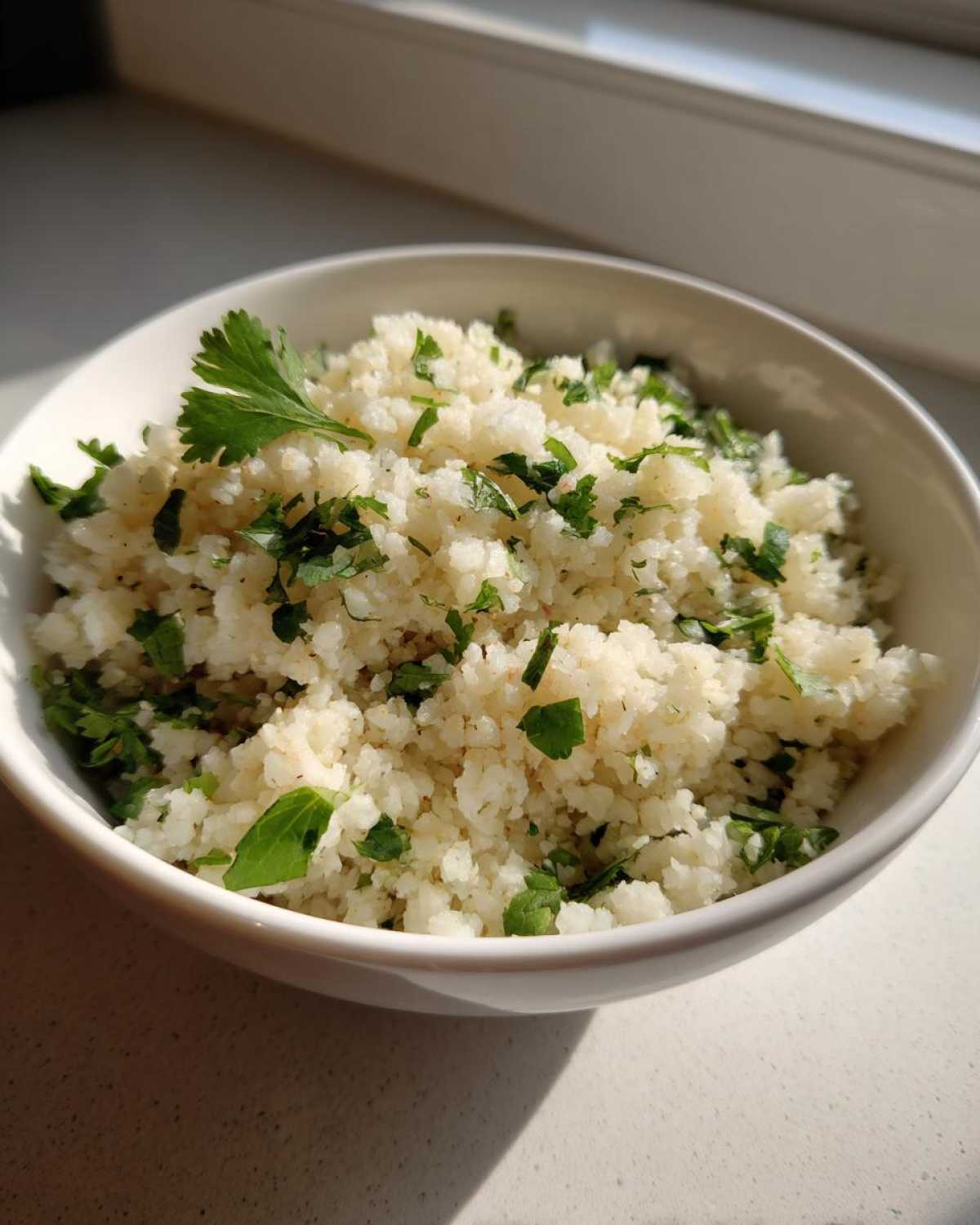 A white bowl filled with fluffy Cilantro Lime Cauliflower Rice, garnished with fresh cilantro leaves.