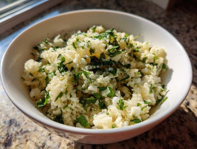 A white bowl filled with freshly prepared Cilantro Lime Cauliflower Rice, garnished with chopped cilantro.