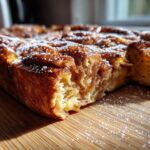A close-up view of a Cinnamon Roll French Toast Bake, dusted with powdered sugar, on a wooden cutting board.