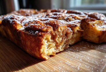 A close-up view of a Cinnamon Roll French Toast Bake, dusted with powdered sugar, on a wooden cutting board.