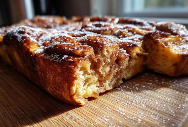 A close-up view of a Cinnamon Roll French Toast Bake, dusted with powdered sugar, on a wooden cutting board.