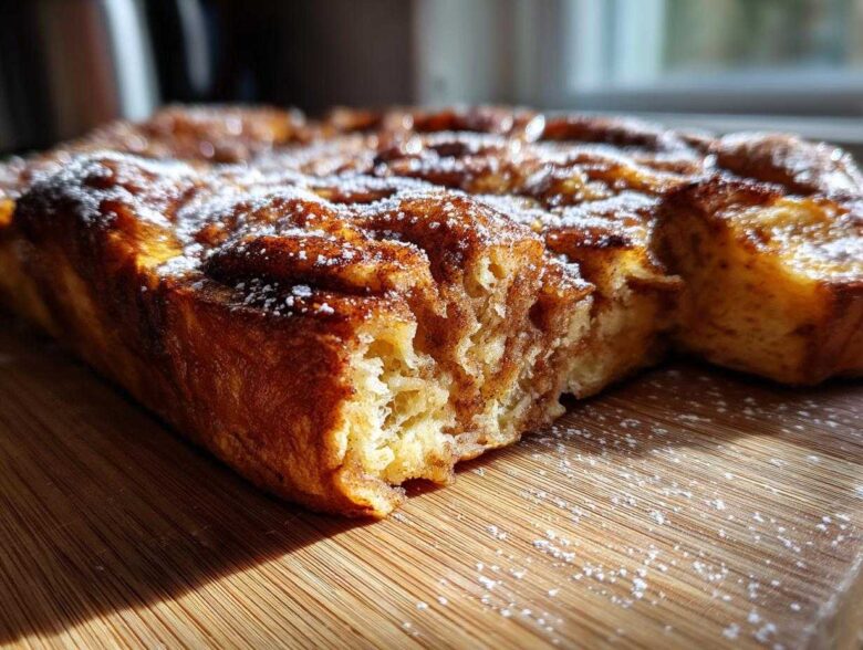 A close-up view of a Cinnamon Roll French Toast Bake, dusted with powdered sugar, on a wooden cutting board.