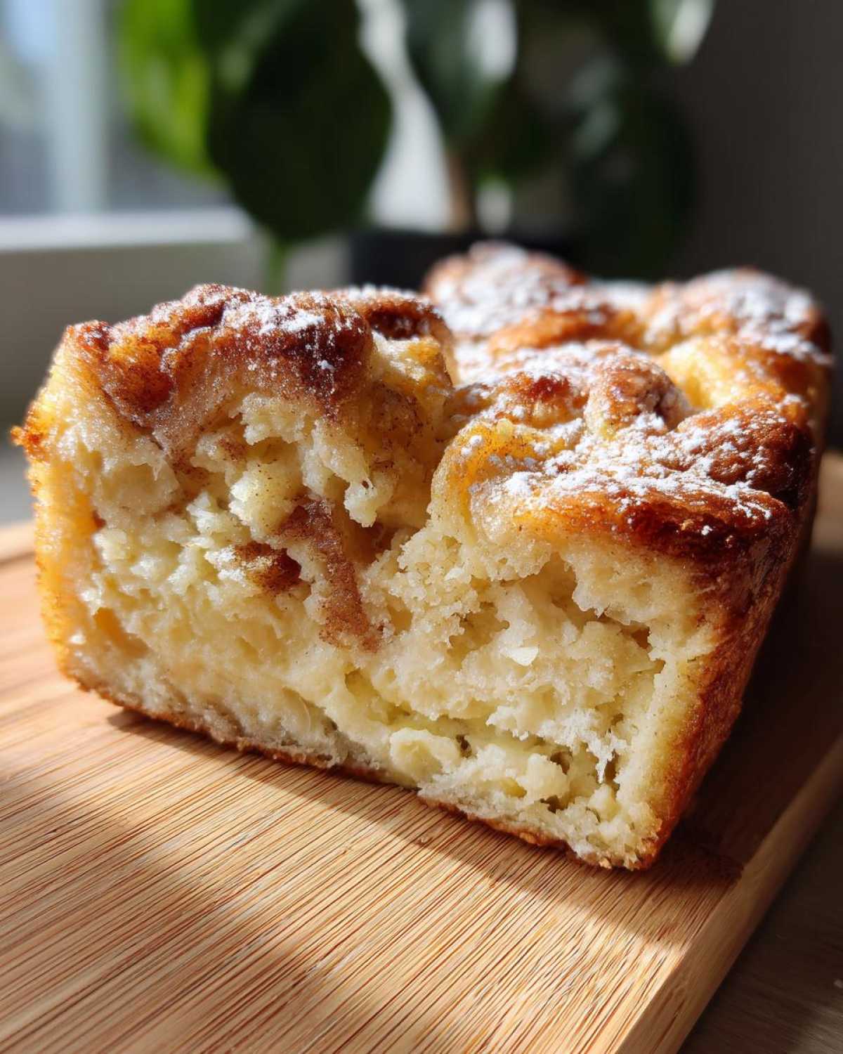 A close-up of a Cinnamon Roll French Toast Bake dusted with powdered sugar on a wooden board.