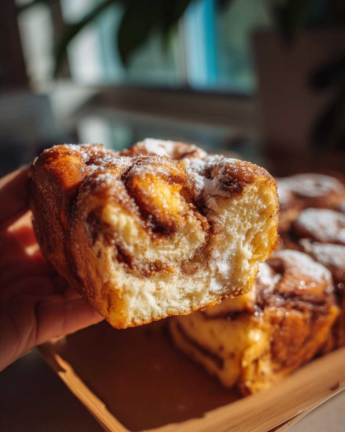 A hand holds a piece of Cinnamon Roll French Toast Bake, showing the fluffy interior and cinnamon swirls, dusted with powdered sugar.