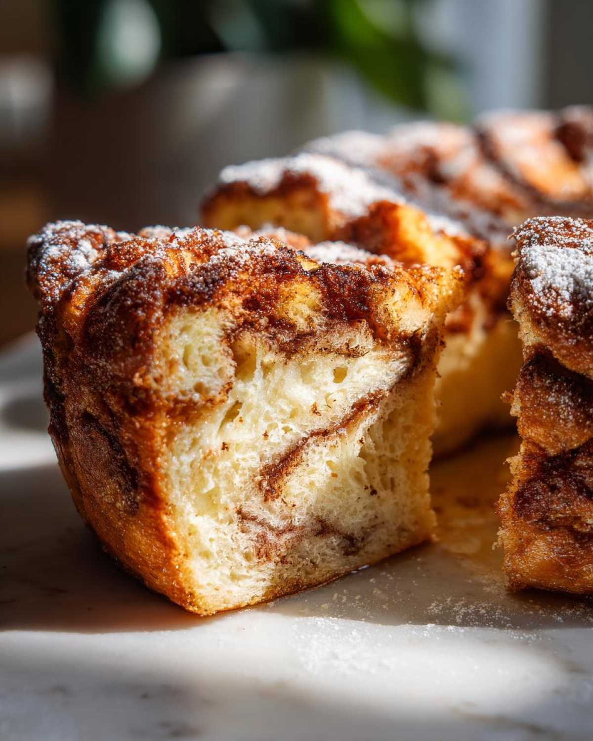 Close-up of a slice of Cinnamon Roll French Toast Bake, dusted with powdered sugar.