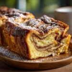 A close-up of a slice of Cinnamon Roll French Toast Bake, dusted with powdered sugar.