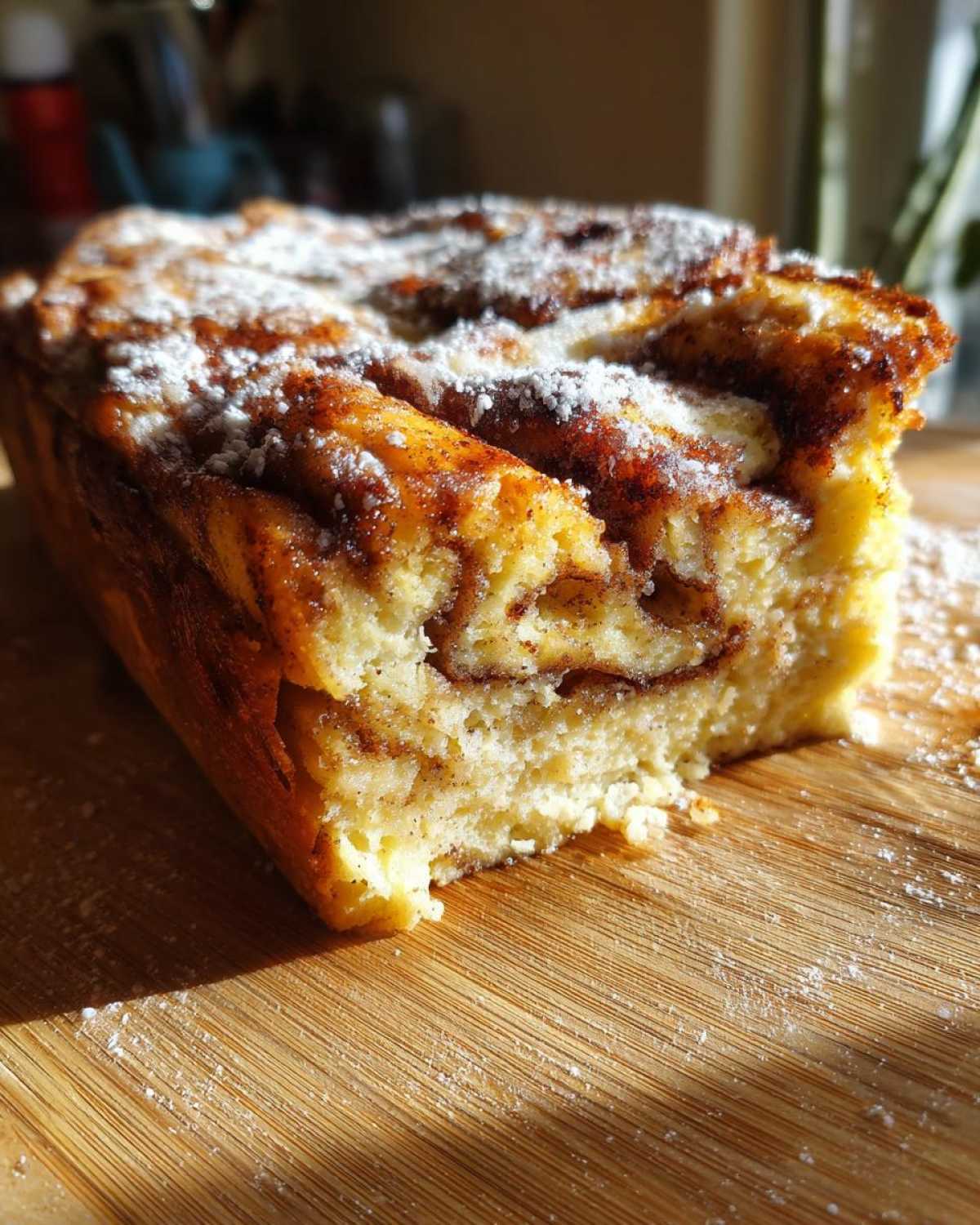 A close-up of a slice of Cinnamon Roll French Toast Bake, dusted with powdered sugar.