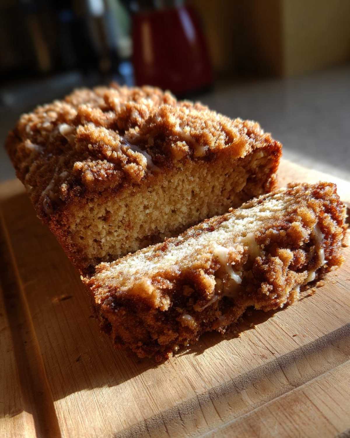 A close-up of a slice of cinnamon streusel topped zucchini bread on a wooden cutting board.