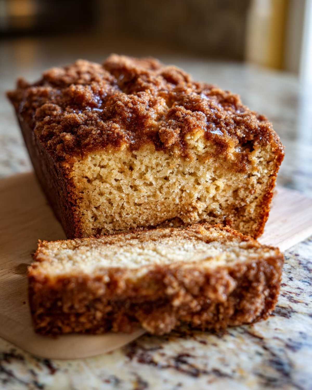 A close-up of a loaf of cinnamon streusel zucchini bread, with one slice cut and placed in front.