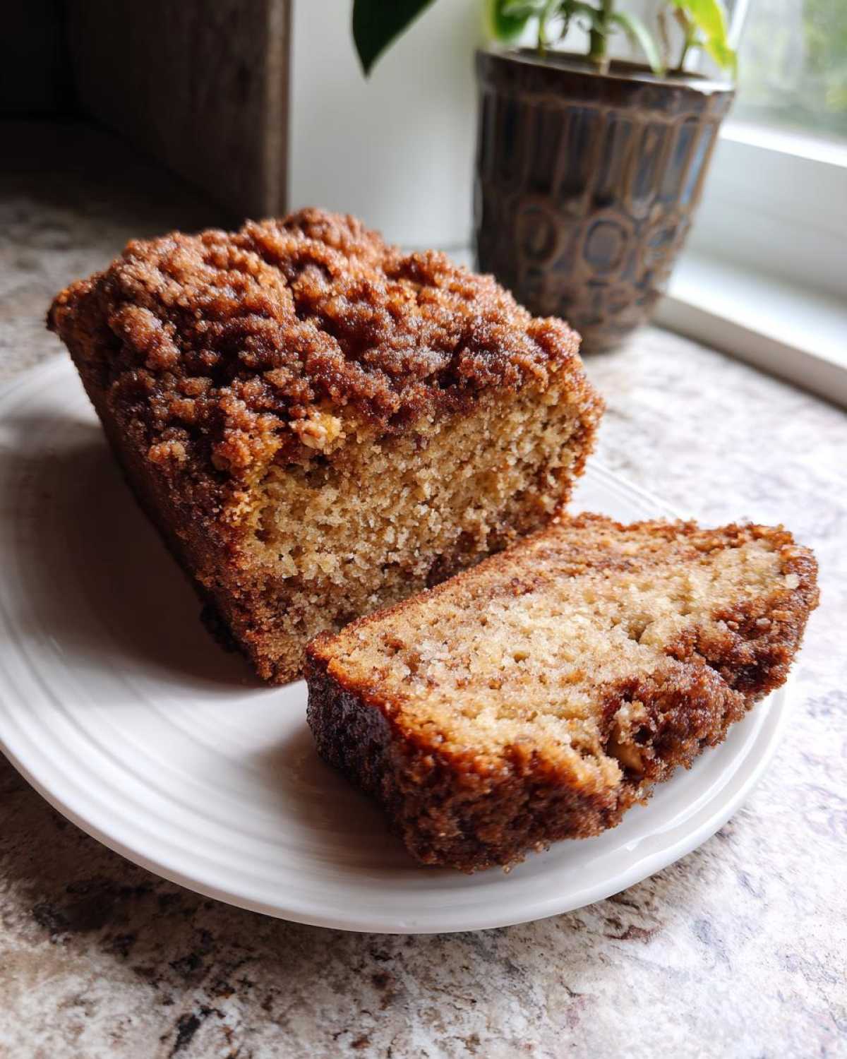 A close-up of a slice of cinnamon streusel topped zucchini bread on a white plate, showing the crumbly topping and moist interior.