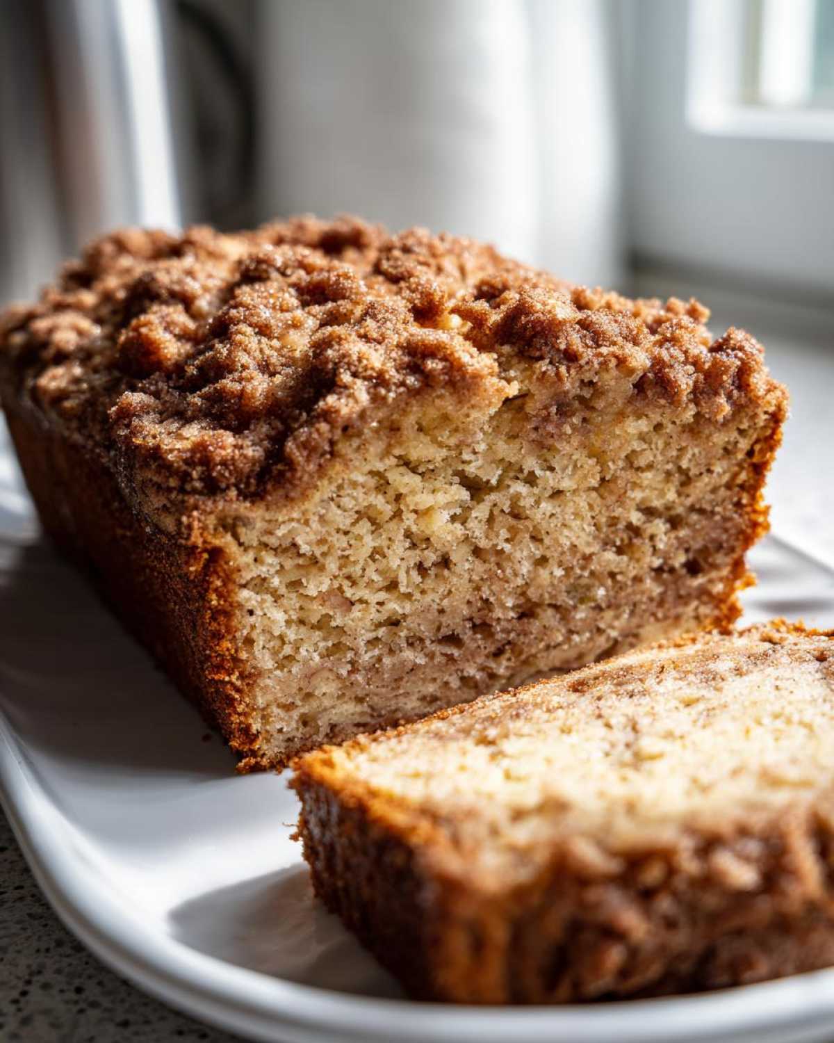 A close-up of a slice of moist cinnamon streusel topped zucchini bread on a white plate.