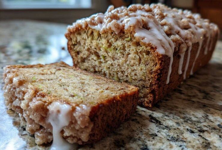 A slice of moist cinnamon streusel topped zucchini bread with a drizzle of glaze.