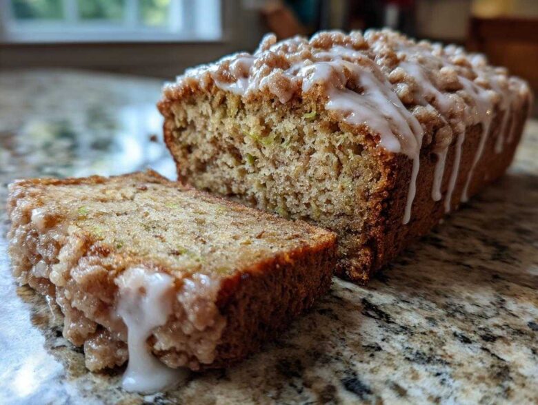 A slice of moist cinnamon streusel topped zucchini bread with a drizzle of glaze.