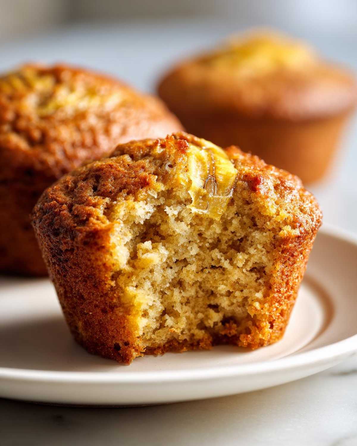 Close-up of a moist classic banana muffin with a bite taken out, revealing a fluffy interior and banana chunks.