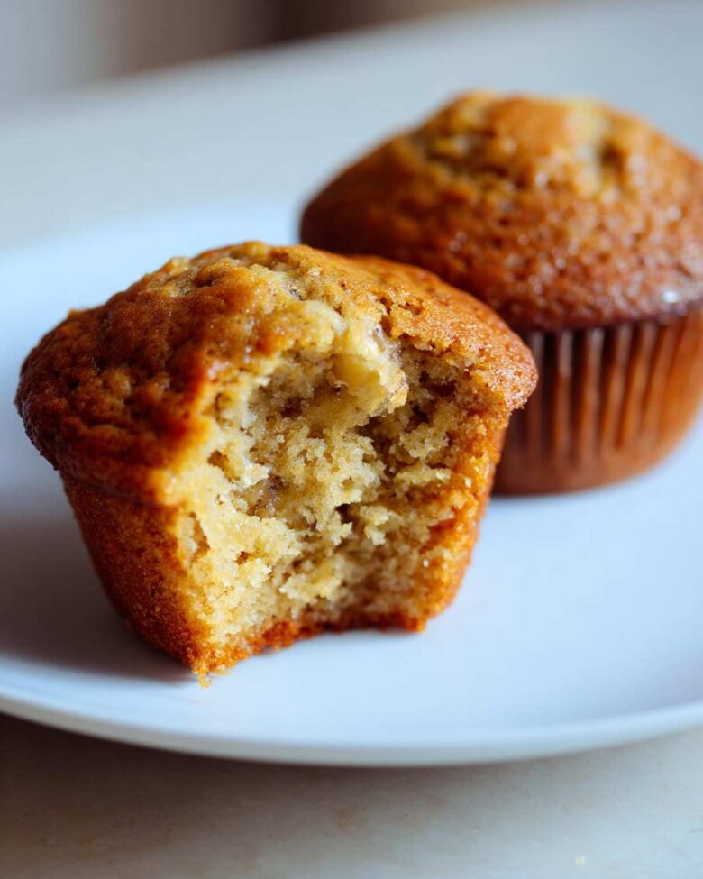 Close-up of a Classic banana muffin with a bite taken out, revealing a moist interior. Another muffin is in the background.