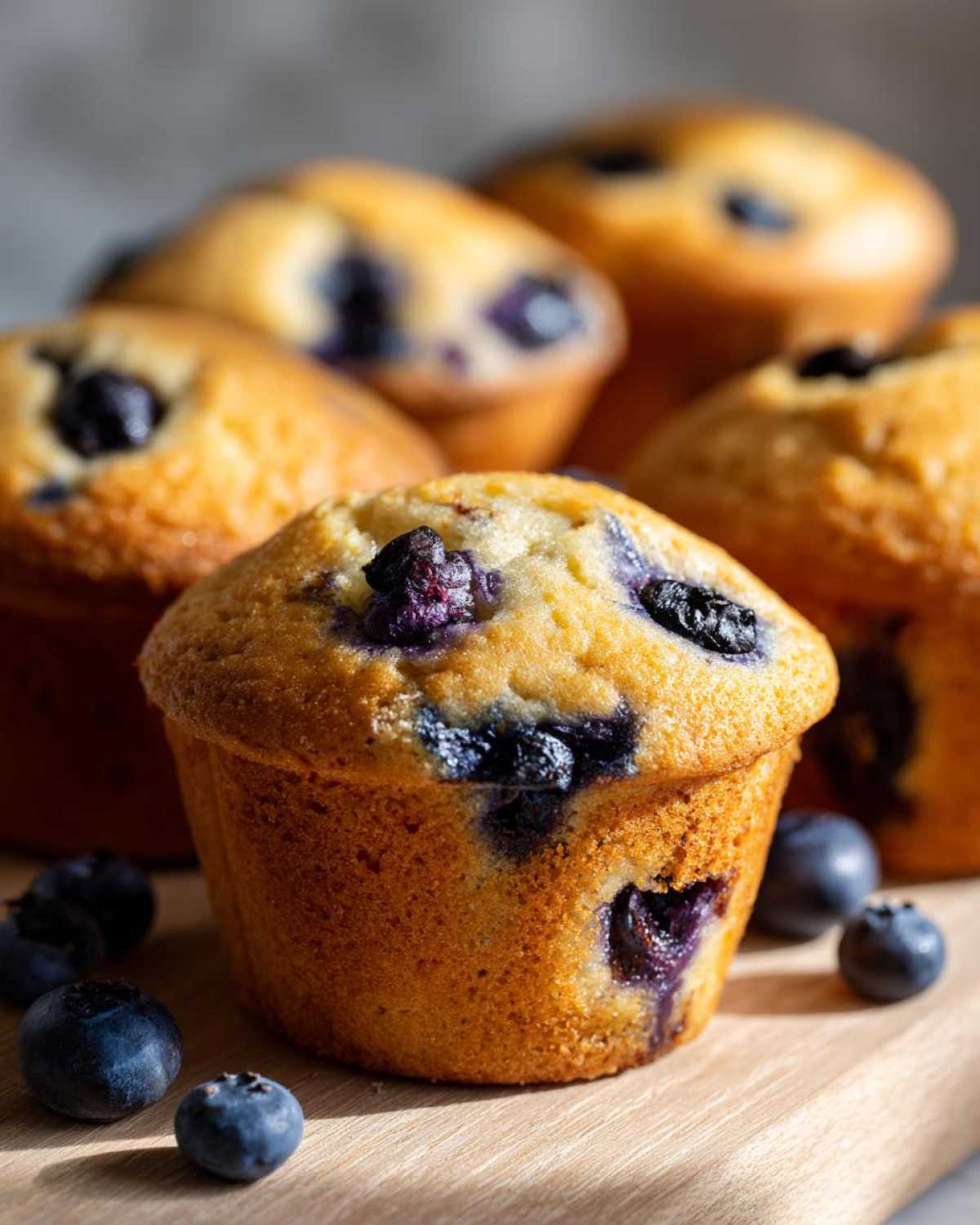 Close-up of a freshly baked Classic Blueberry Muffin, showcasing plump blueberries and a golden-brown crumb.