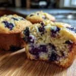 Close-up of a classic blueberry muffin, with one muffin broken in half to reveal juicy blueberries inside.