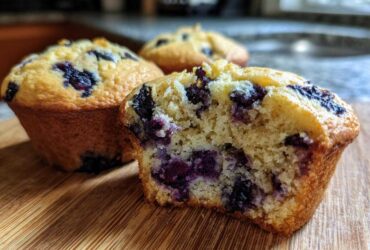 Close-up of a classic blueberry muffin, with one muffin broken in half to reveal juicy blueberries inside.