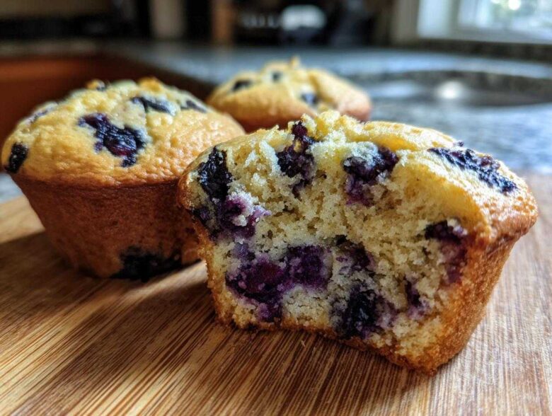 Close-up of a classic blueberry muffin, with one muffin broken in half to reveal juicy blueberries inside.