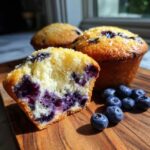 A close-up of a classic blueberry muffin, cut in half to reveal a moist interior packed with blueberries, with whole blueberries scattered nearby.