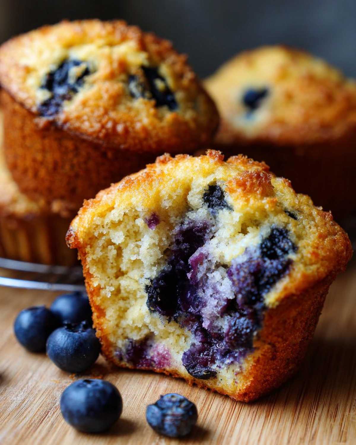 A close-up of a Classic Blueberry Muffin, split in half to reveal a moist interior packed with blueberries.