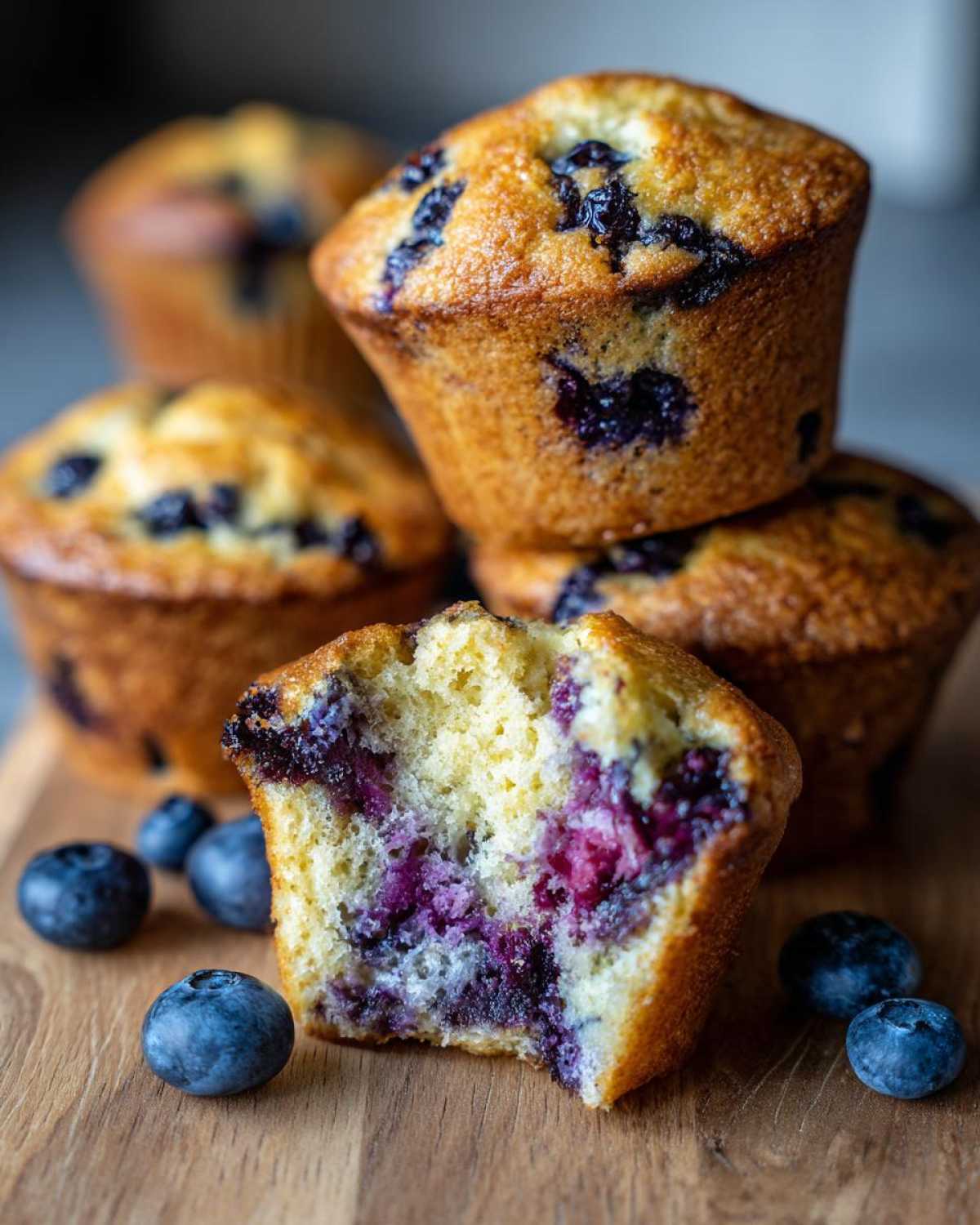 Close-up of a classic blueberry muffin, split in half to reveal a moist interior packed with blueberries.