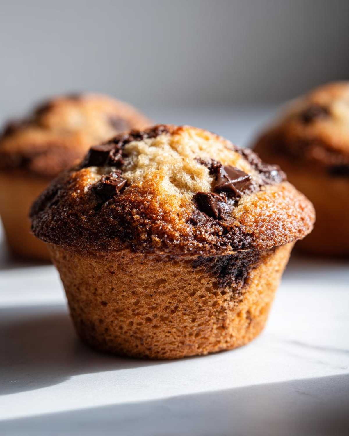A close-up of a freshly baked classic chocolate chip muffin, showcasing its golden-brown crust and melted chocolate chips.