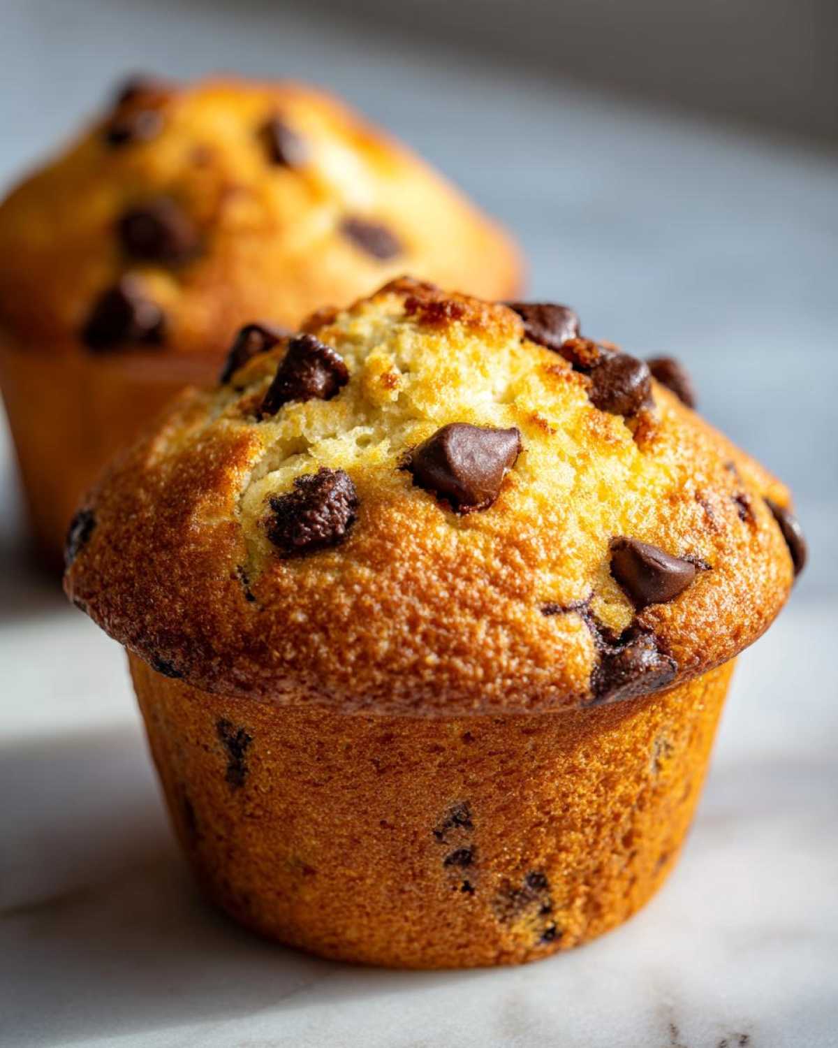Close-up of two classic chocolate chip muffins, with the front muffin in sharp focus, showcasing its golden-brown crust and generous chocolate chips.