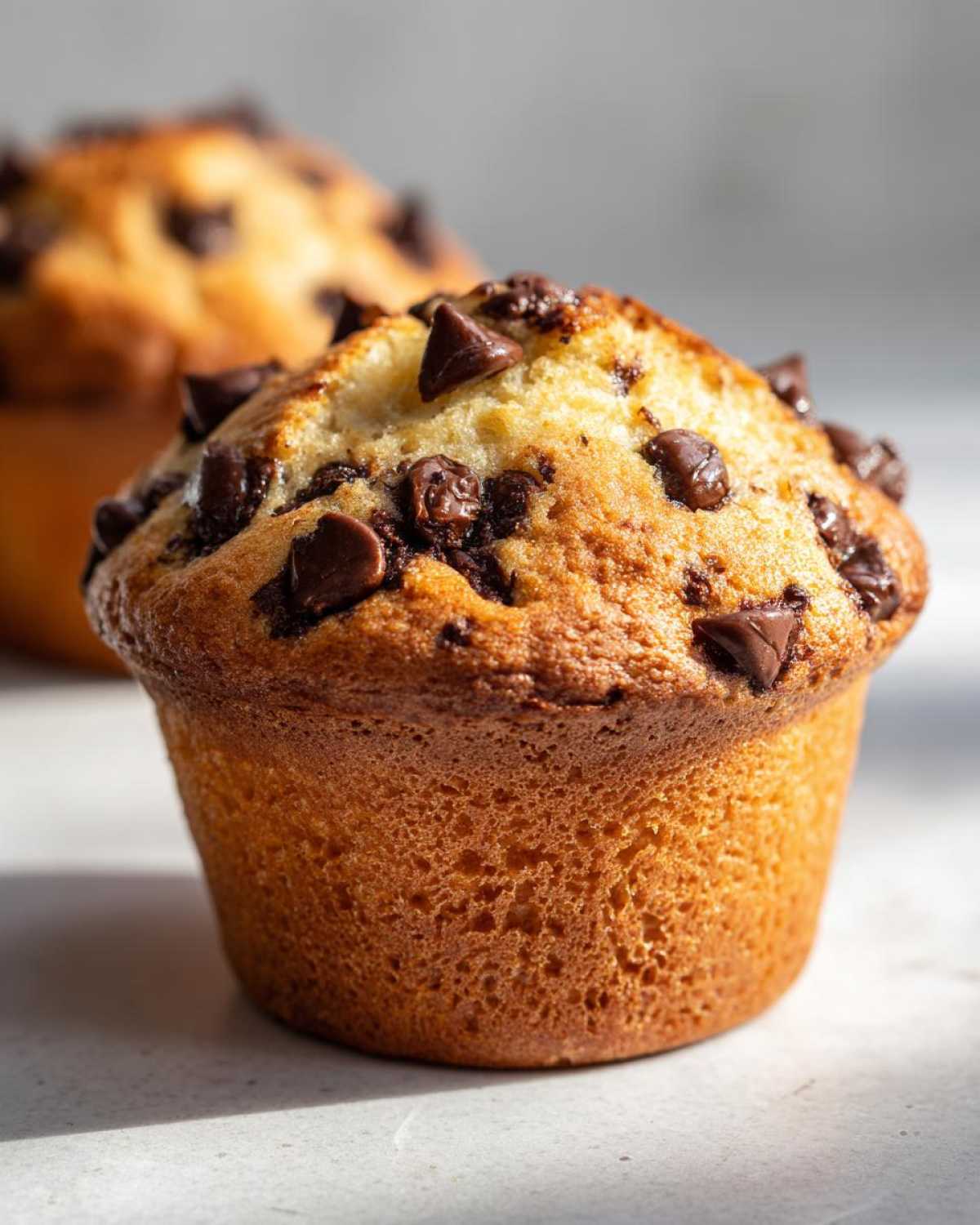 A close-up of a freshly baked classic chocolate chip muffin, topped with chocolate chips.