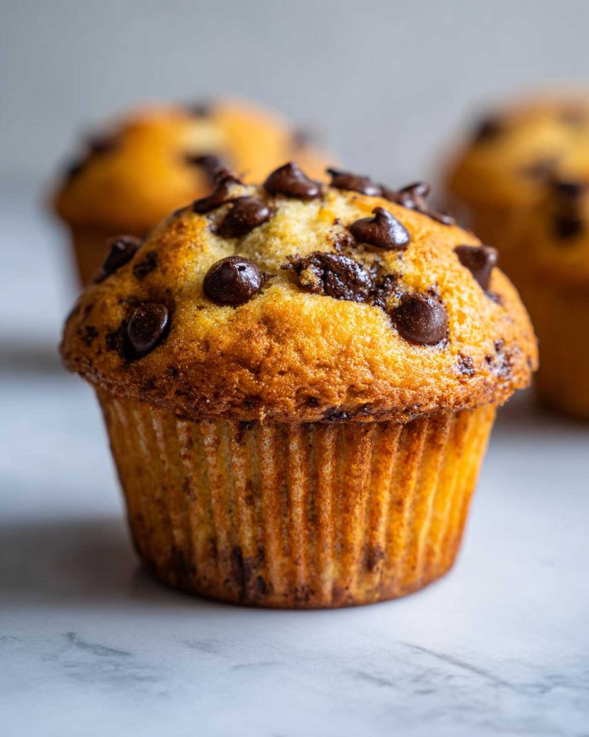 A close-up view of a freshly baked classic chocolate chip muffin, showcasing its golden-brown top and abundant chocolate chips.