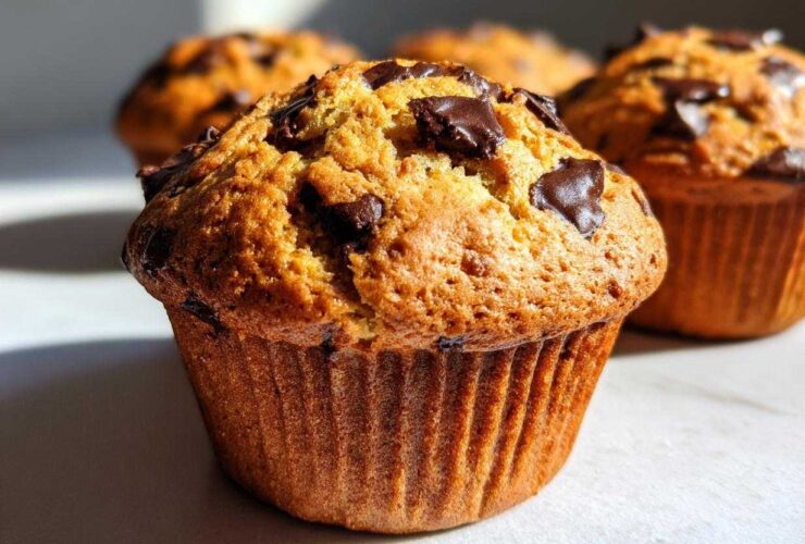Close-up of a freshly baked classic chocolate chip muffin with visible chocolate chunks.