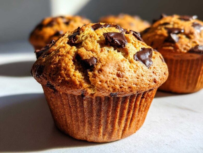 Close-up of a freshly baked classic chocolate chip muffin with visible chocolate chunks.