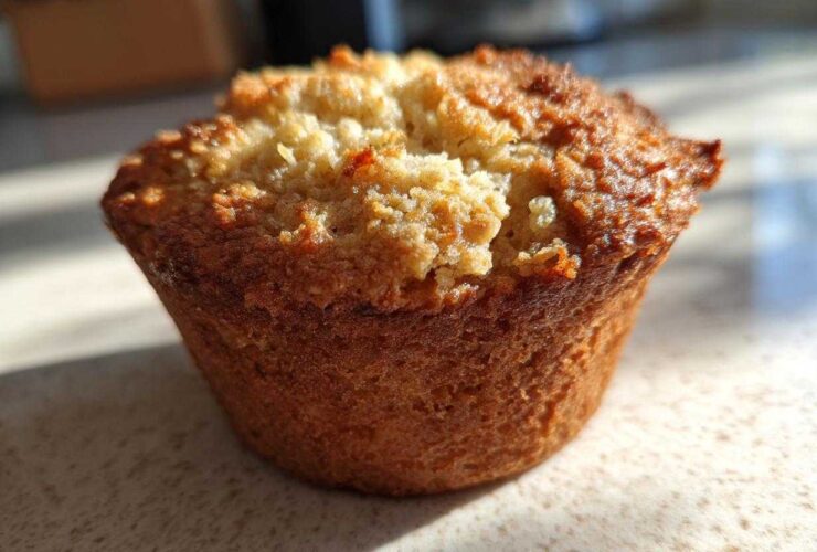 A single, golden-brown Classic Protein Muffin with a crumbly topping, sitting on a speckled countertop.