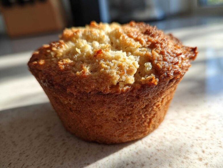 A single, golden-brown Classic Protein Muffin with a crumbly topping, sitting on a speckled countertop.