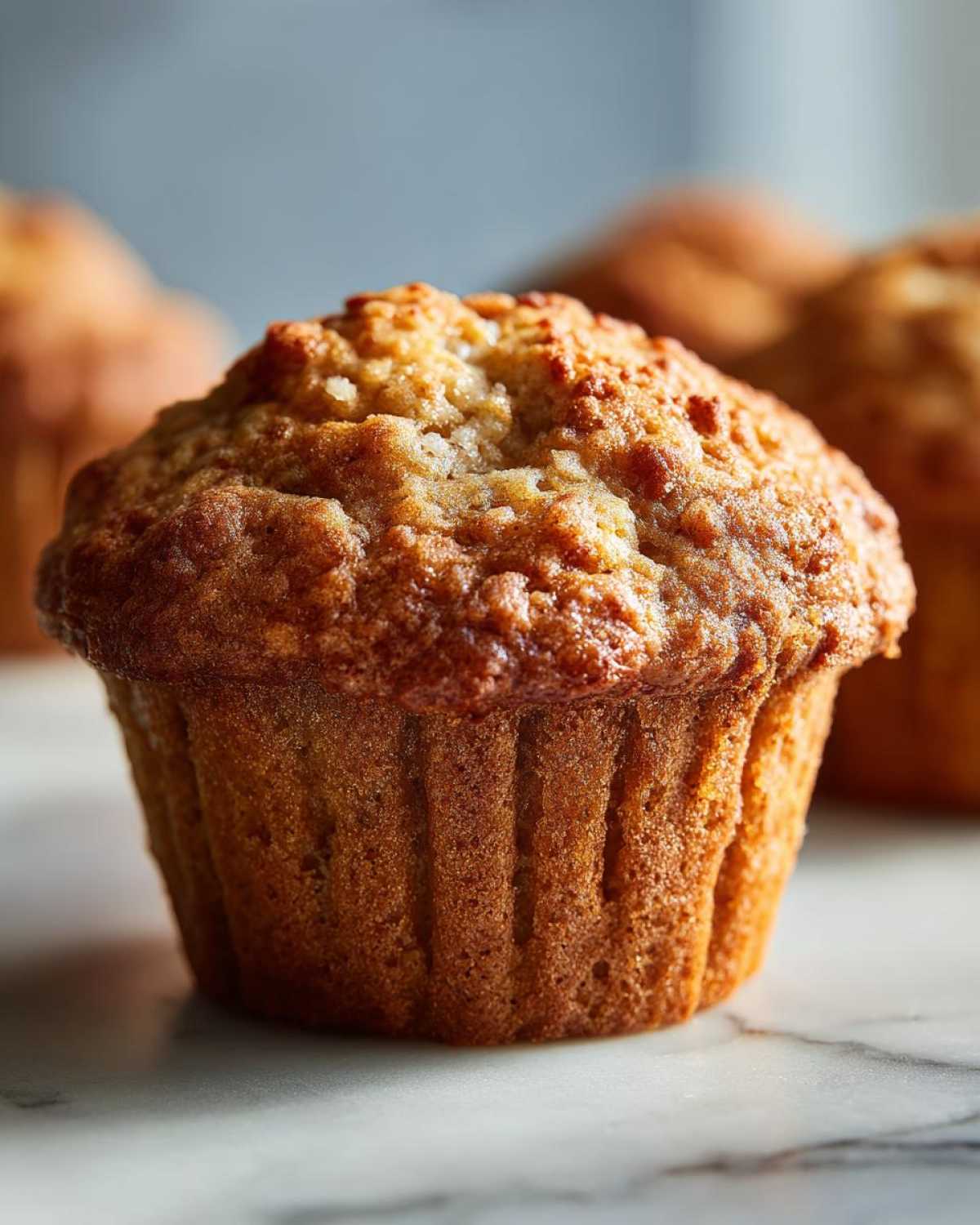 A close-up of a golden-brown Classic Protein Muffin with a textured top, on a marble surface.