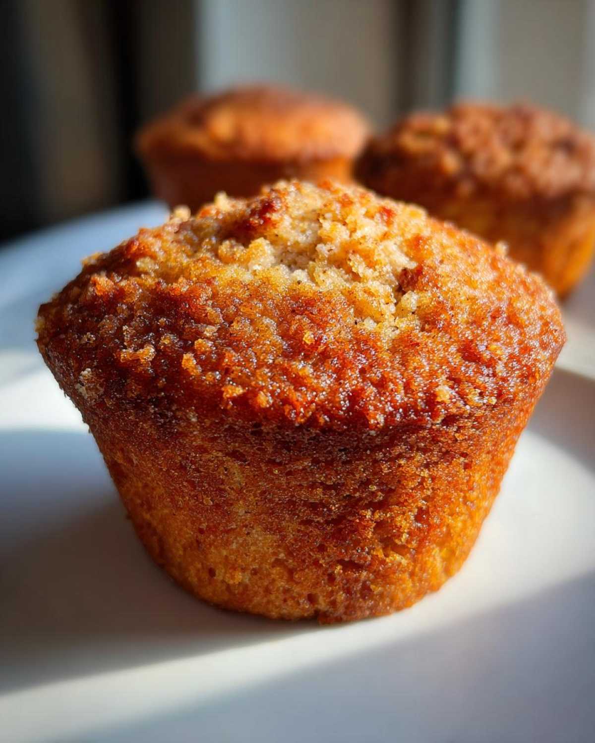 Close-up of a golden-brown classic protein muffin with a textured, crumbly top on a white plate.