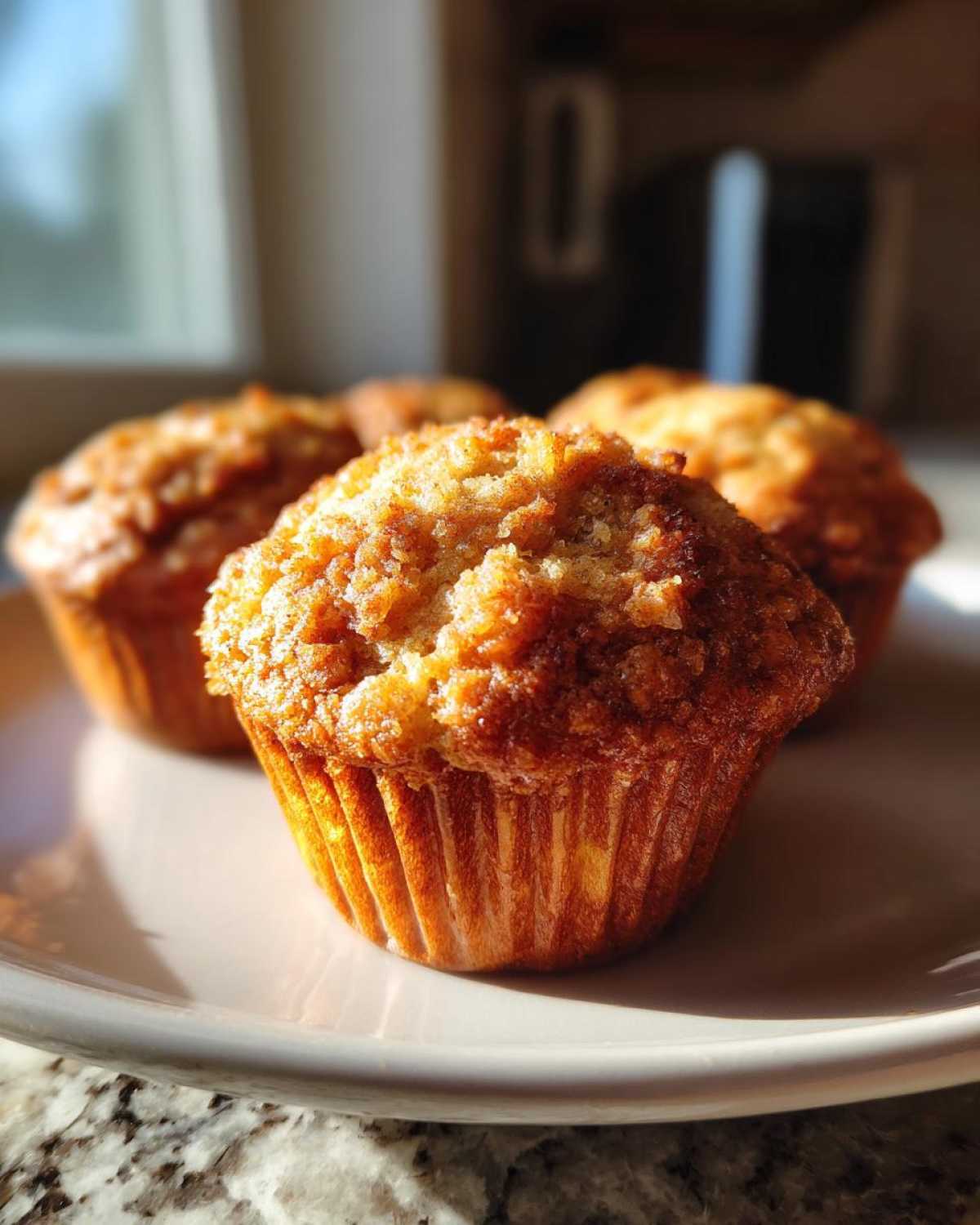 Close-up of a golden-brown classic protein muffin with a textured crumble topping on a white plate.